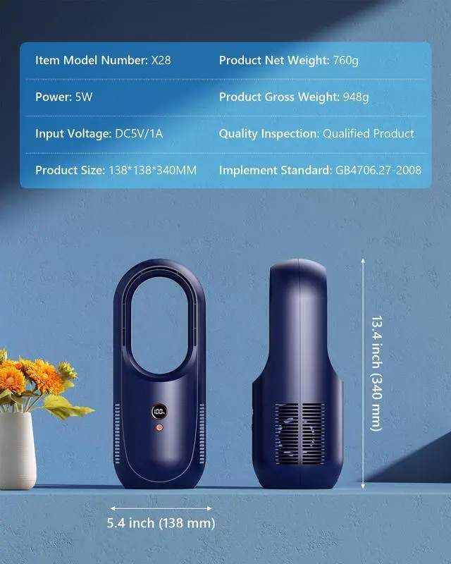 Alt view image 7 of 7 - 13.8" Bladeless Desk Fan - 6 Speed Modes, Small Bladelss Rechargeable Fan, Quite Office fan, Easy to Clean & Touch Control, Desk Fan Small Quite for Office, Bedroom