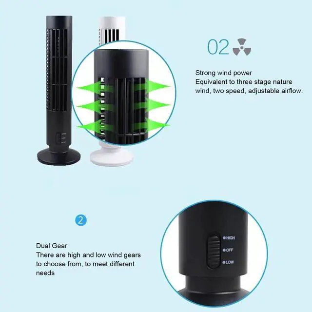 Alt view image 3 of 7 - Small Tower Fan, Quiet Cooling Bladeless Oscillating Tower Fan with 2 Speeds, Portable Lightweight USB Desktop Fan for Home Office Bedroom (Black)