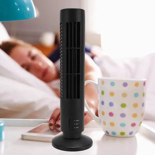 Alt view image 6 of 7 - Small Tower Fan, Quiet Cooling Bladeless Oscillating Tower Fan with 2 Speeds, Portable Lightweight USB Desktop Fan for Home Office Bedroom (Black)