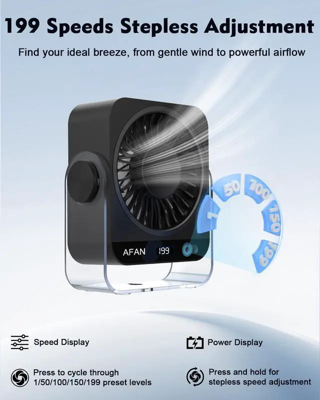 Alt view image 2 of 7 - Small Desk Fan Quiet: Rechargeable 5000mAh Battery Powered, 199 Speeds Strong Wind, 120° Tilt Adjustable, 6.6" Portable Desktop Fan for Bedside Sleeping Camping Home Office Travel, Black