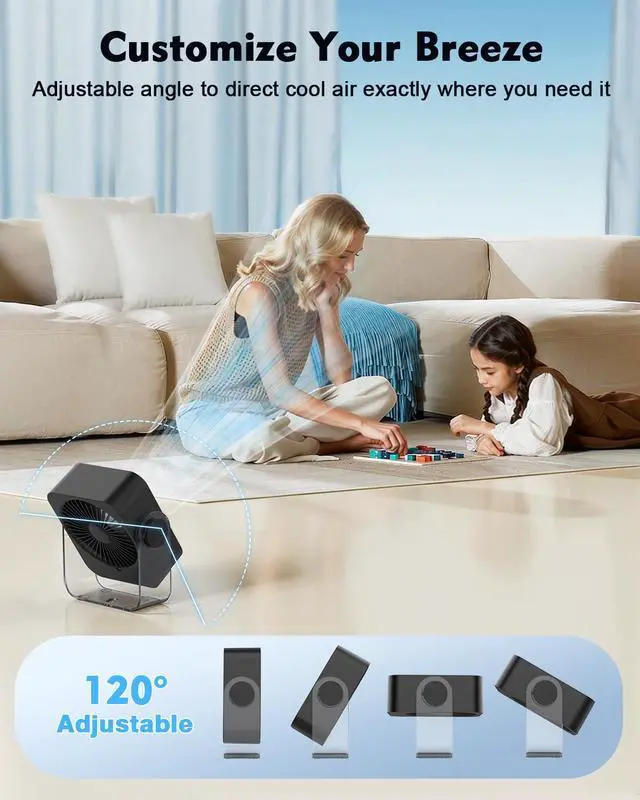 Alt view image 7 of 7 - Small Desk Fan Quiet: Rechargeable 5000mAh Battery Powered, 199 Speeds Strong Wind, 120° Tilt Adjustable, 6.6" Portable Desktop Fan for Bedside Sleeping Camping Home Office Travel, Black