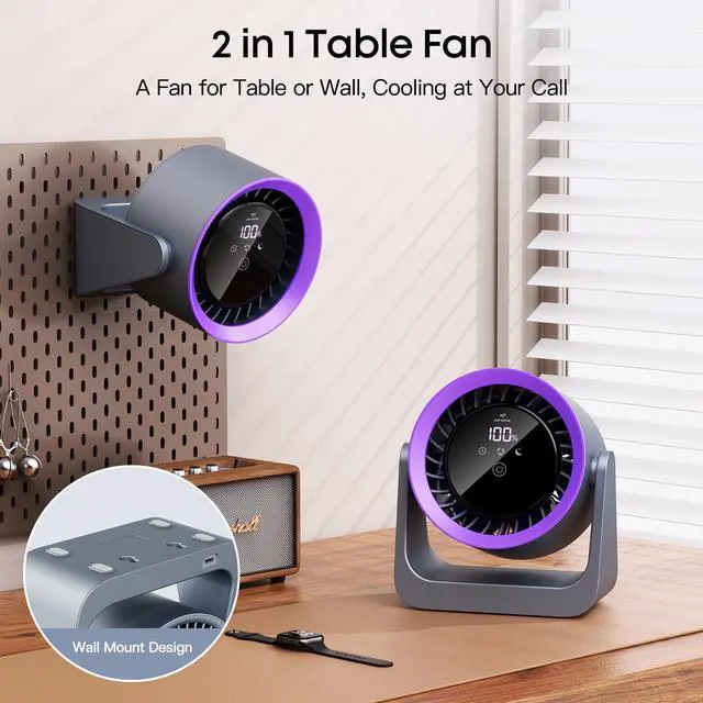 Alt view image 5 of 7 - 2026 Desk Fan, Turbo Table Cooling Fan for Bedroom, 100 Speeds Digital Display, 30dB Ultra Quiet, 360° Adjustable Tilt, 5.9", Rechargeable, Wall Mountable Design for Home, Desktop, Office, Travel