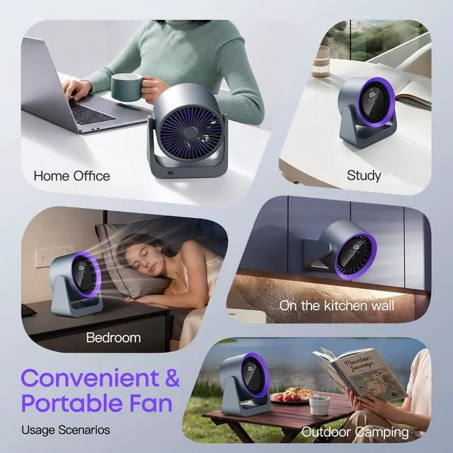 Alt view image 6 of 7 - 2026 Desk Fan, Turbo Table Cooling Fan for Bedroom, 100 Speeds Digital Display, 30dB Ultra Quiet, 360° Adjustable Tilt, 5.9", Rechargeable, Wall Mountable Design for Home, Desktop, Office, Travel