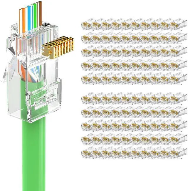 Main image of 100 Pack RJ45 Pass Through Connector Cat6(UL Listed), 10Gbps, Gold-pated CAT6 CAT5e RJ45 connectors, UTP RJ45 Plugs for 24-26AWG Solid or Stranded Network Cables, Supports POE