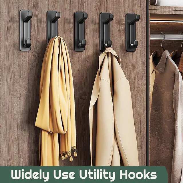 Alt view image 2 of 6 - Wall Hooks for Coat and Towel: 13LB Strong Adhesive Door Hanger Stick on, Black 4 Pack (Black)