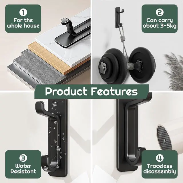 Alt view image 4 of 6 - Wall Hooks for Coat and Towel: 13LB Strong Adhesive Door Hanger Stick on, Black 4 Pack (Black)