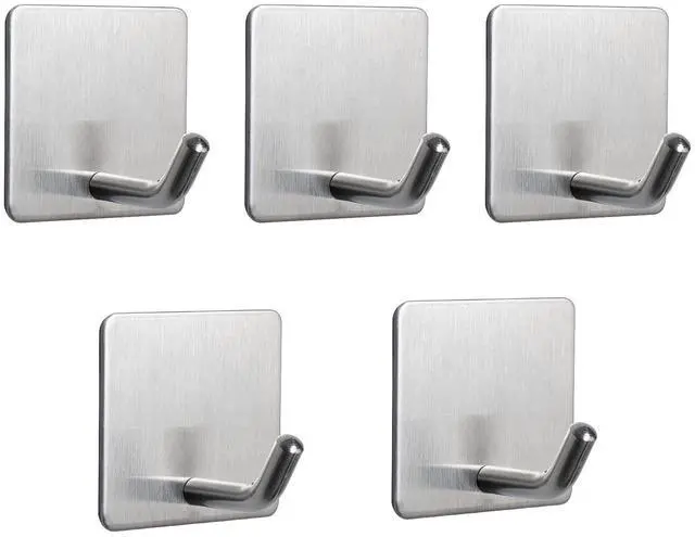 Main image of Adhesive Hooks- Heavy Duty Bath Wall Hooks Waterproof Stainless Steel Towel Hangers Stick on Wall Clothes Holders for Bathroom Kitchen Home, 5 Pack (Brushed Nickel)