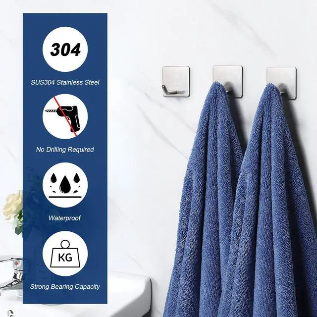 Alt view image 3 of 7 - Adhesive Hooks- Heavy Duty Bath Wall Hooks Waterproof Stainless Steel Towel Hangers Stick on Wall Clothes Holders for Bathroom Kitchen Home, 5 Pack (Brushed Nickel)