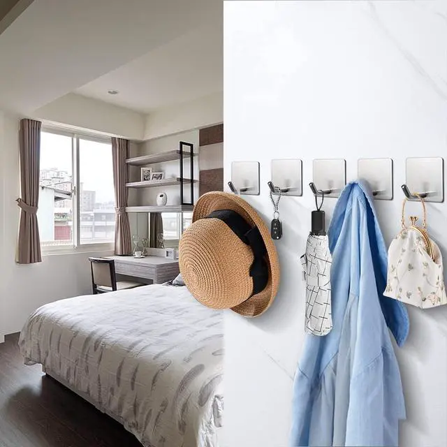 Alt view image 5 of 7 - Adhesive Hooks- Heavy Duty Bath Wall Hooks Waterproof Stainless Steel Towel Hangers Stick on Wall Clothes Holders for Bathroom Kitchen Home, 5 Pack (Brushed Nickel)