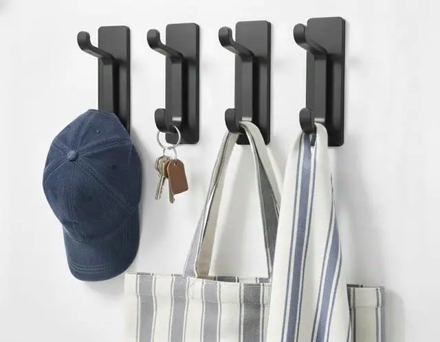Main image of Wall Hooks for Coat and Towel: 13LB Strong Adhesive Door Hanger Stick on,Towel Hooks for bathrooms,Black 4 Pack.