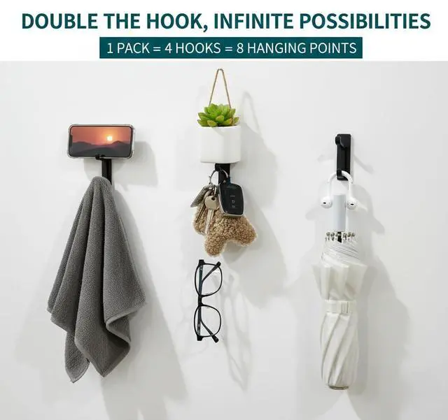 Alt view image 3 of 7 - Wall Hooks for Coat and Towel: 13LB Strong Adhesive Door Hanger Stick on,Towel Hooks for bathrooms,Black 4 Pack.