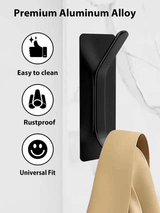 Alt view image 3 of 7 - 6 Pack Heavy Duty Adhesive Hooks, No Drill Self-Adhesive Wall Hook for Hanging, Sturdy Metal Door Hanger Towel Hook for Bathroom, Shower, Kitchen (Black)