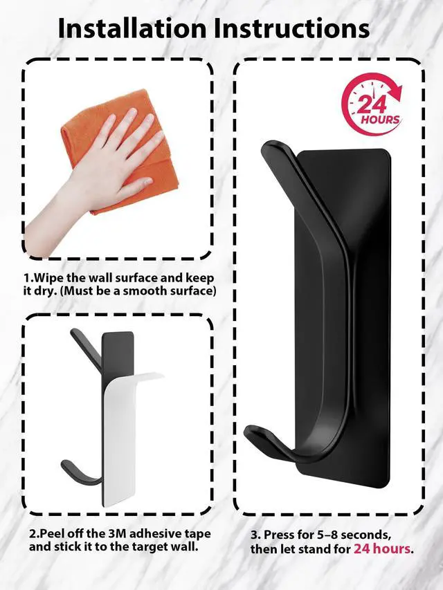 Alt view image 4 of 7 - 6 Pack Heavy Duty Adhesive Hooks, No Drill Self-Adhesive Wall Hook for Hanging, Sturdy Metal Door Hanger Towel Hook for Bathroom, Shower, Kitchen (Black)