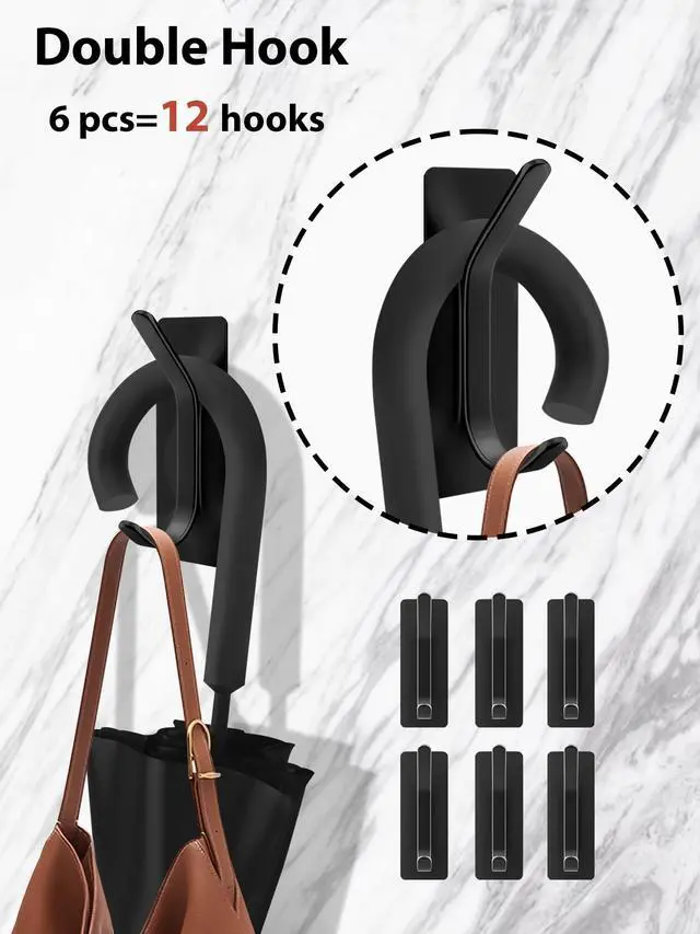 Alt view image 6 of 7 - 6 Pack Heavy Duty Adhesive Hooks, No Drill Self-Adhesive Wall Hook for Hanging, Sturdy Metal Door Hanger Towel Hook for Bathroom, Shower, Kitchen (Black)