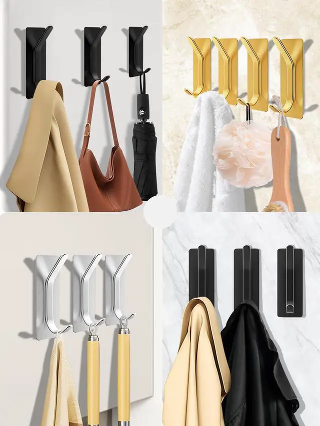 Alt view image 7 of 7 - 6 Pack Heavy Duty Adhesive Hooks, No Drill Self-Adhesive Wall Hook for Hanging, Sturdy Metal Door Hanger Towel Hook for Bathroom, Shower, Kitchen (Black)
