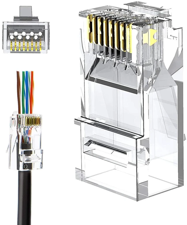 Main image of RJ45 Pass Through Connectors, 50-Pack Cat6/Cat5e Gold Plated Modular Plug Unshielded Crimp Connector for Solid or Stranded UTP Ethernet Cable