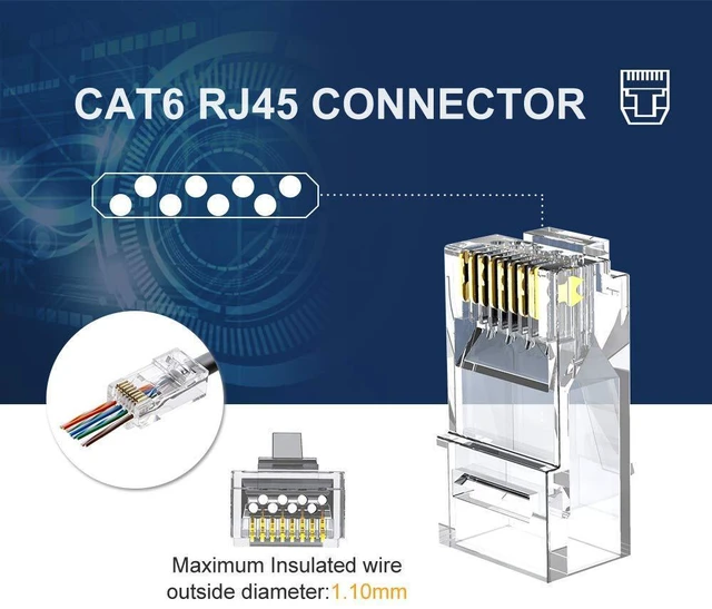 Alt view image 3 of 6 - RJ45 Pass Through Connectors, 50-Pack Cat6/Cat5e Gold Plated Modular Plug Unshielded Crimp Connector for Solid or Stranded UTP Ethernet Cable