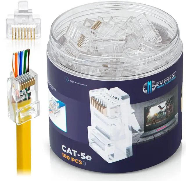 Main image of Cat5e RJ45 Pass Through Connector 100-Pack - EZ Cat 5e Pass Through RJ45 Connectors - Cat 5e Connectors - Ethernet Connector, Ethernet Plug - for Solid or Stranded UTP Network Cable