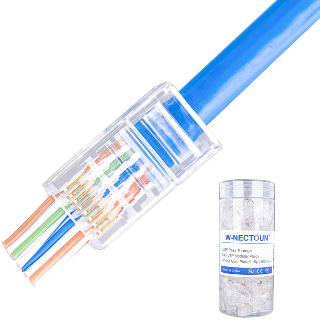 Main image of Cat5e Pass Through RJ45 Connectors,100-PACK Cat5 Ends/Cat 5 Connector/Cat 5e RJ45 Modular Plugs(3-Prong Gold Plated 15),UTP Network Plug for Solid Strand Cable