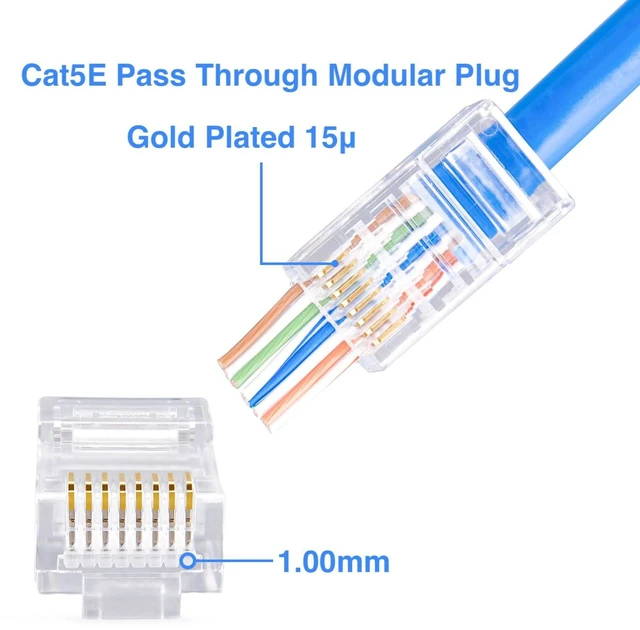 Alt view image 2 of 7 - Cat5e Pass Through RJ45 Connectors,100-PACK Cat5 Ends/Cat 5 Connector/Cat 5e RJ45 Modular Plugs(3-Prong Gold Plated 15),UTP Network Plug for Solid Strand Cable