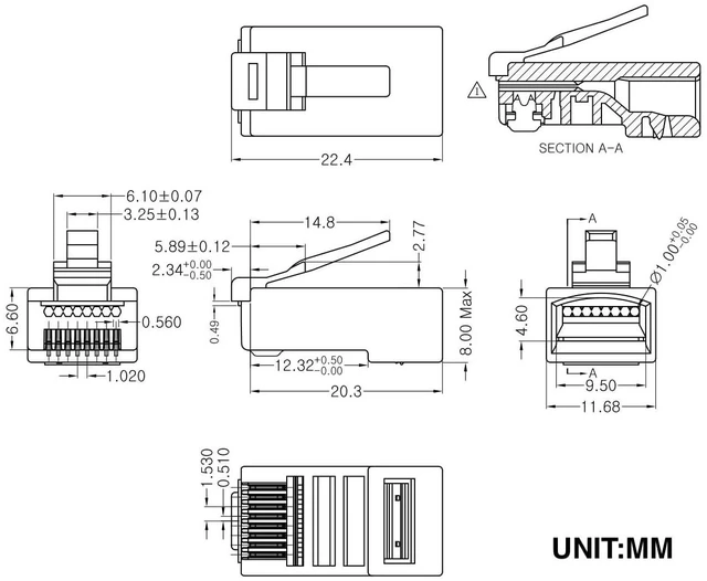Alt view image 3 of 7 - Cat5e Pass Through RJ45 Connectors,100-PACK Cat5 Ends/Cat 5 Connector/Cat 5e RJ45 Modular Plugs(3-Prong Gold Plated 15),UTP Network Plug for Solid Strand Cable