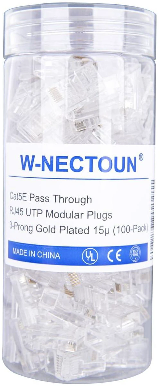 Alt view image 7 of 7 - Cat5e Pass Through RJ45 Connectors,100-PACK Cat5 Ends/Cat 5 Connector/Cat 5e RJ45 Modular Plugs(3-Prong Gold Plated 15),UTP Network Plug for Solid Strand Cable