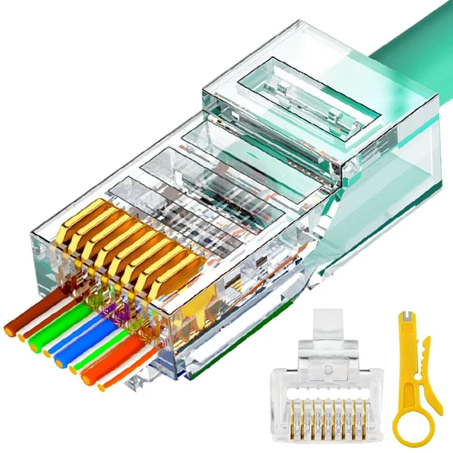 Main image of RJ45 Cat6 Cat5e Pass Through Connectors 100 Packs Gold Plated 3 Prong 8P8C Modular Ethernet UTP Network Cable Plug for Unshielded Twisted Pair Solid Wire & Standard Cables