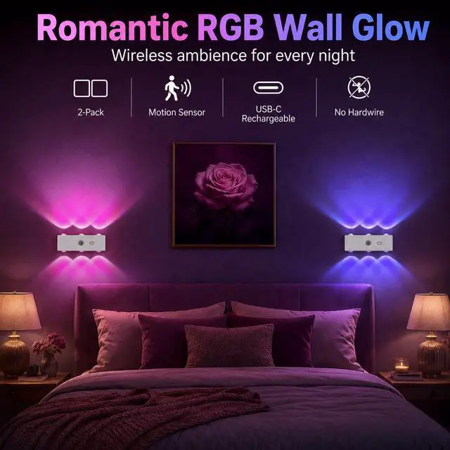 Alt view image 5 of 7 - Motion Sensor Wall Light, Peel and Stick On Sconces Set of 2, Rechargeable Wireless No Drill Indoor Lamp, RGB Dimmable Magnetic Mount for Hallway Stair Bedroom Closet