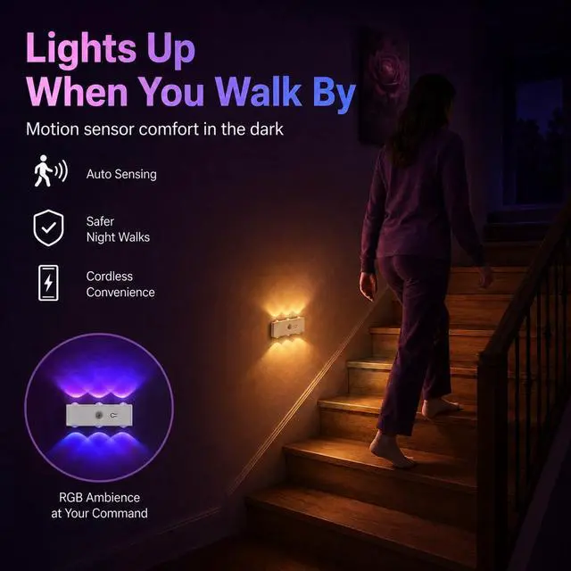 Alt view image 6 of 7 - Motion Sensor Wall Light, Peel and Stick On Sconces Set of 2, Rechargeable Wireless No Drill Indoor Lamp, RGB Dimmable Magnetic Mount for Hallway Stair Bedroom Closet