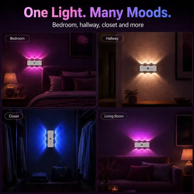 Alt view image 7 of 7 - Motion Sensor Wall Light, Peel and Stick On Sconces Set of 2, Rechargeable Wireless No Drill Indoor Lamp, RGB Dimmable Magnetic Mount for Hallway Stair Bedroom Closet