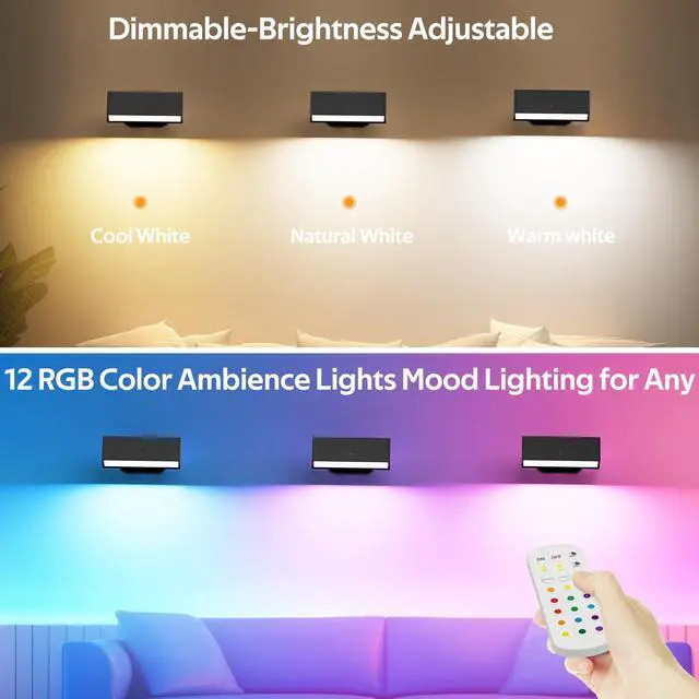 Alt view image 2 of 7 - LED Wall Lights 2 Pack with Remote,Wall Sconces Lamp 3000mAh Rechargeable Battery Operated,3 Color Temperatures & 12 RGB Dimmable Magnetic 360° Rotation Cordless Light
