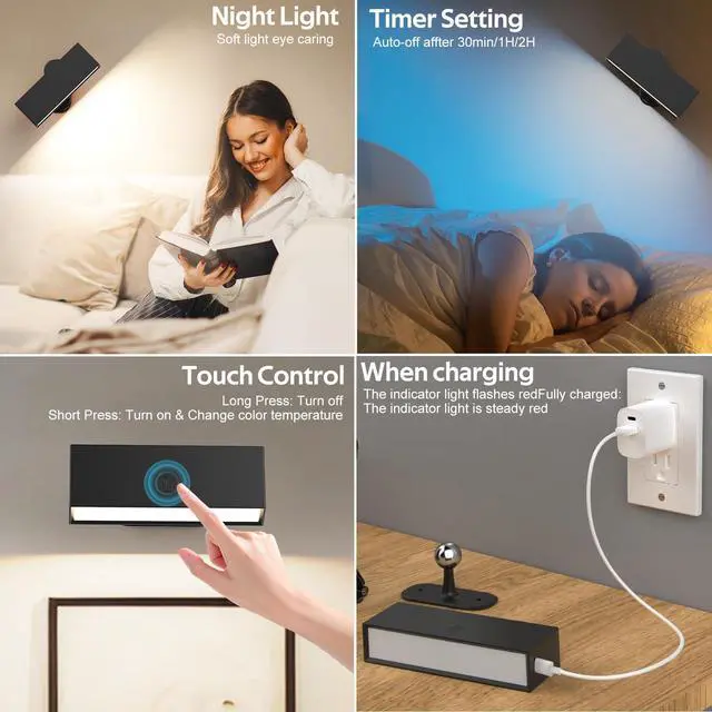 Alt view image 4 of 7 - LED Wall Lights 2 Pack with Remote,Wall Sconces Lamp 3000mAh Rechargeable Battery Operated,3 Color Temperatures & 12 RGB Dimmable Magnetic 360° Rotation Cordless Light