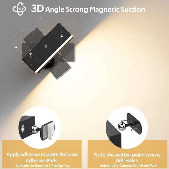 Alt view image 7 of 7 - LED Wall Lights 2 Pack with Remote,Wall Sconces Lamp 3000mAh Rechargeable Battery Operated,3 Color Temperatures & 12 RGB Dimmable Magnetic 360° Rotation Cordless Light
