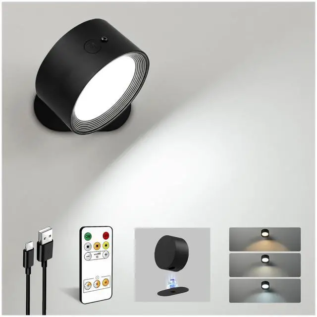 Main image of LED Wall Mounted Lights, Rechargeable Wall Sconces Lamp, 3 Color Temps & Remote and Touch, 360°Rotation Dimmable Cordless Wall Light for Study Bedroom Reading Bedside(Black, 1 Pack)