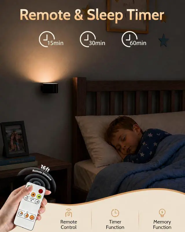 Alt view image 4 of 7 - LED Wall Mounted Lights, Rechargeable Wall Sconces Lamp, 3 Color Temps & Remote and Touch, 360°Rotation Dimmable Cordless Wall Light for Study Bedroom Reading Bedside(Black, 1 Pack)