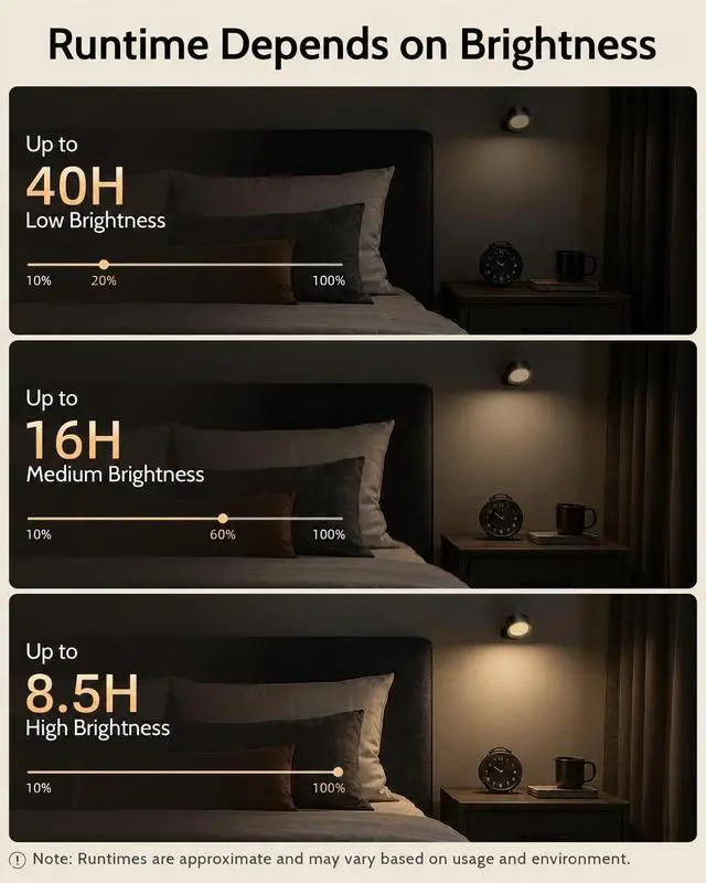 Alt view image 7 of 7 - LED Wall Mounted Lights, Rechargeable Wall Sconces Lamp, 3 Color Temps & Remote and Touch, 360°Rotation Dimmable Cordless Wall Light for Study Bedroom Reading Bedside(Black, 1 Pack)