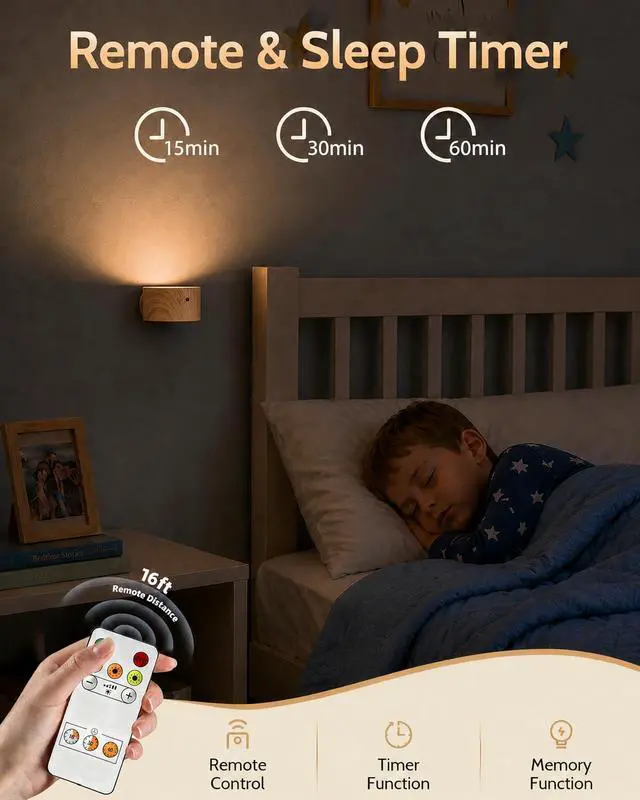 Alt view image 3 of 7 - LED Wall Mounted Lights, Rechargeable Wall Sconces Lamp, 3 Color Temps & Remote and Touch, 360°Rotation Dimmable Cordless Wall Light for Study Bedroom Reading Bedside(Wood, 1 Pack)