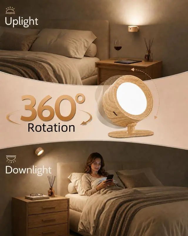 Alt view image 6 of 7 - LED Wall Mounted Lights, Rechargeable Wall Sconces Lamp, 3 Color Temps & Remote and Touch, 360°Rotation Dimmable Cordless Wall Light for Study Bedroom Reading Bedside(Wood, 1 Pack)
