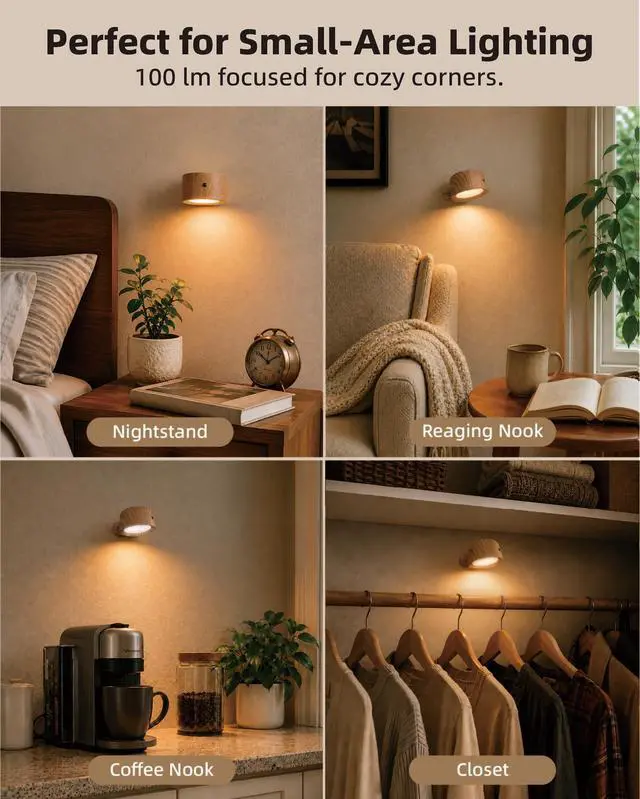 Alt view image 5 of 7 - LED Wall Mounted Lights, Rechargeable Wall Sconces Lamp, 3 Color Temps & Remote and Touch, 360°Rotation Dimmable Cordless Wall Light for Study Bedroom Reading Bedside(Wood, 1 Pack)