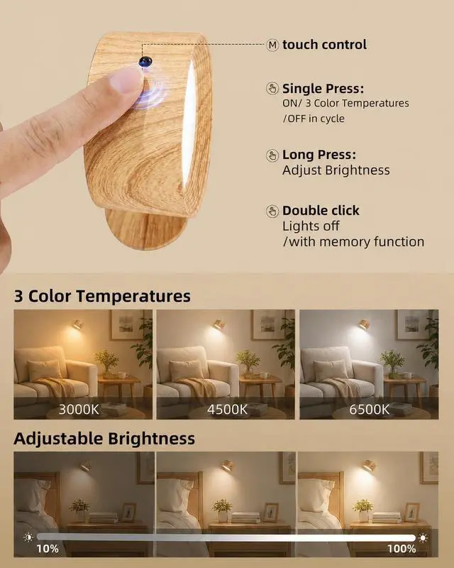 Alt view image 7 of 7 - LED Wall Mounted Lights, Rechargeable Wall Sconces Lamp, 3 Color Temps & Remote and Touch, 360°Rotation Dimmable Cordless Wall Light for Study Bedroom Reading Bedside(Wood, 1 Pack)