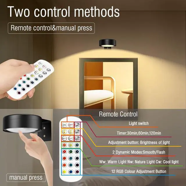 Alt view image 5 of 7 - Picture Lights for Wall,2000mAh Rechargeable Battery Poster Lights LED Magnetic Painting Light with Remote Control,3 Color Temps&12 RGB Timer Dimmable Wall Light for Art Display Wall Decor