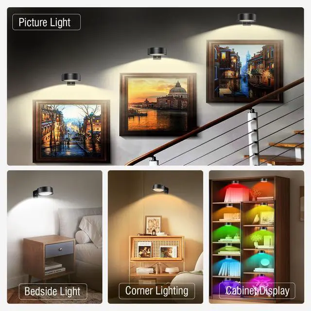 Alt view image 7 of 7 - Picture Lights for Wall,2000mAh Rechargeable Battery Poster Lights LED Magnetic Painting Light with Remote Control,3 Color Temps&12 RGB Timer Dimmable Wall Light for Art Display Wall Decor