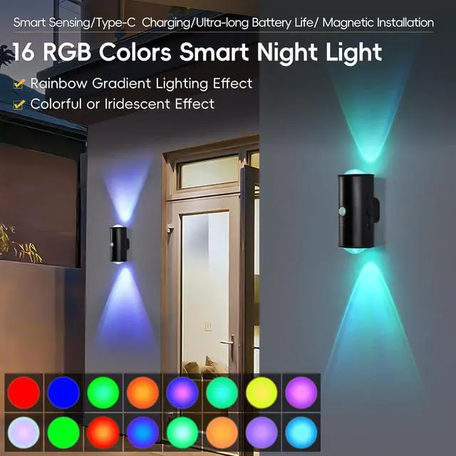 Alt view image 2 of 7 - LED Wireless Wall Sconce with Remote, 16 Colors Changing, Motion Sensor Light Indoor, Dimmable, 1500mAh Rechargeable Battery Operated Wall Sconces for Hallway, Stair, Bathroom, Bedroom, Black, 1 Piece