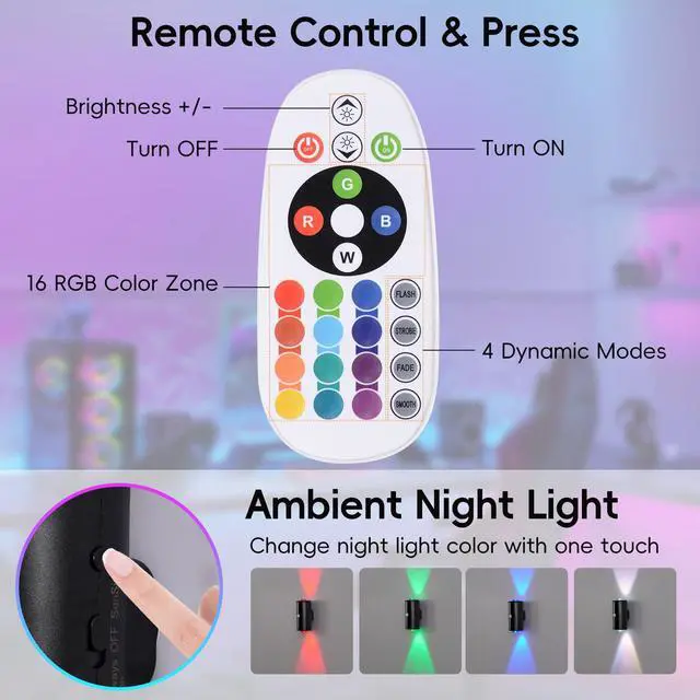 Alt view image 4 of 7 - LED Wireless Wall Sconce with Remote, 16 Colors Changing, Motion Sensor Light Indoor, Dimmable, 1500mAh Rechargeable Battery Operated Wall Sconces for Hallway, Stair, Bathroom, Bedroom, Black, 1 Piece