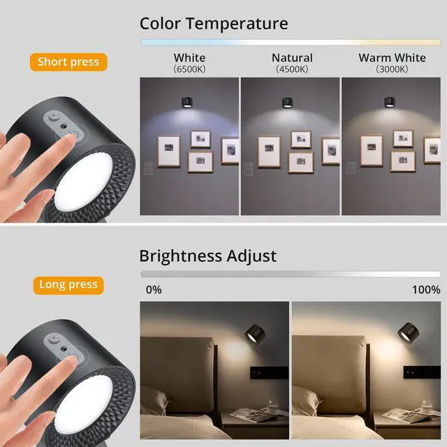 Alt view image 3 of 7 - 1PC Battery Operated Wall Mounted Light with Remote, 9 Colors RGB Rechargeable Ambient Sconce, 3 Color Temperatures, Dimming & Removable Lamp for Bedroom Living Room Bathroom