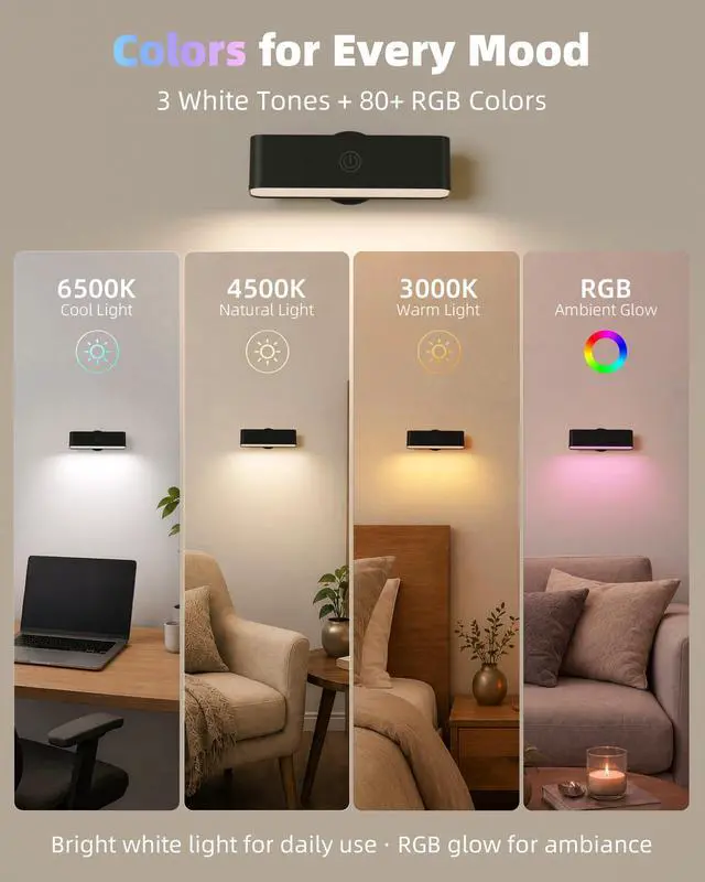 Alt view image 5 of 7 - Battery Operated Wall Sconce, Rechargeable Magnetic Wall Light with Remote, RGB Mood Lighting & 3 White Tones, Dimmable Wall Lamp for Bedroom, Gaming Room, Apartment Decor