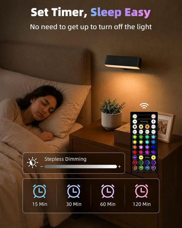 Alt view image 7 of 7 - Battery Operated Wall Sconce, Rechargeable Magnetic Wall Light with Remote, RGB Mood Lighting & 3 White Tones, Dimmable Wall Lamp for Bedroom, Gaming Room, Apartment Decor