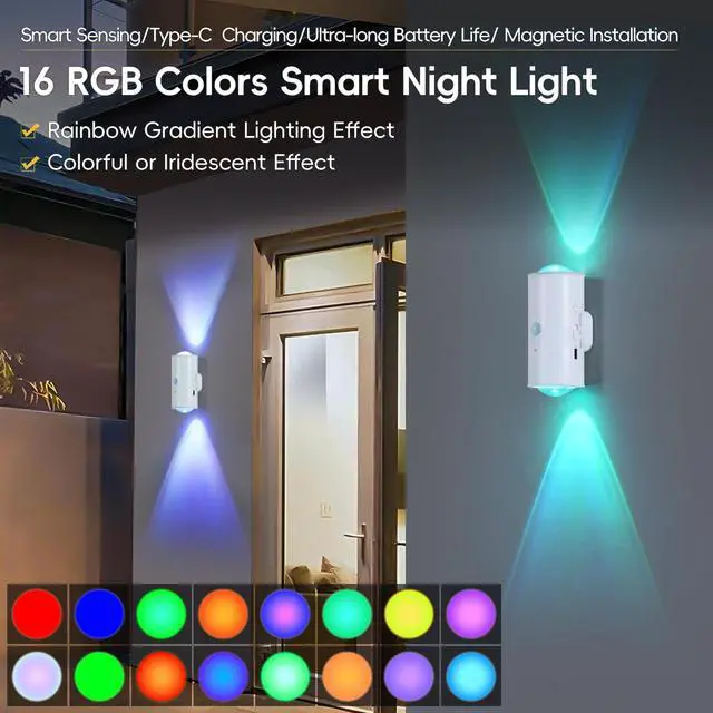 Alt view image 2 of 7 - LED Wireless Wall Sconce with Remote, 16 Colors Changing, Motion Sensor Light Indoor, Dimmable, 1500mAh Rechargeable Battery Operated Wall Sconces for Hallway, Stair, Bathroom, Bedroom