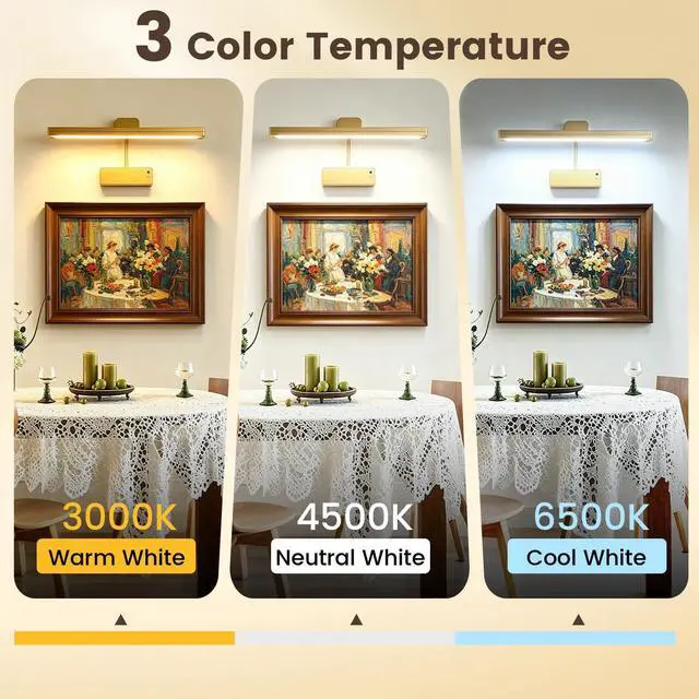 Alt view image 3 of 7 - Picture Light for Wall, 15" Rechargeable Battery Operated LED Wall Sconce Painting Lighting with Remote, 3CCT Dimmable Magnetic Cordless Art Display Light for Gallery, Bedroom - Gold