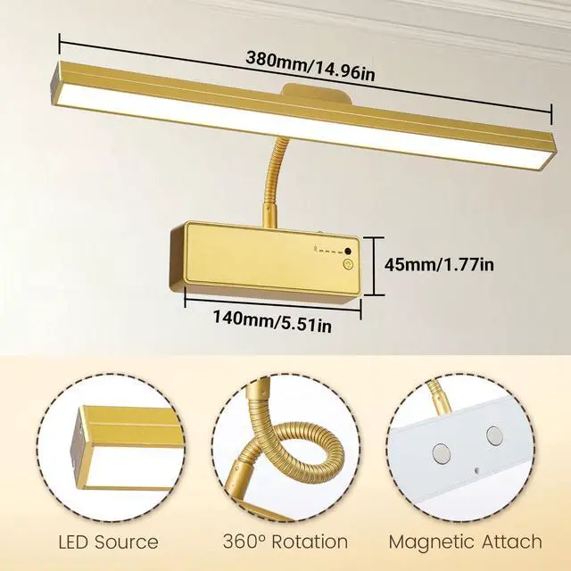 Alt view image 2 of 7 - Picture Light for Wall, 15" Rechargeable Battery Operated LED Wall Sconce Painting Lighting with Remote, 3CCT Dimmable Magnetic Cordless Art Display Light for Gallery, Bedroom - Gold